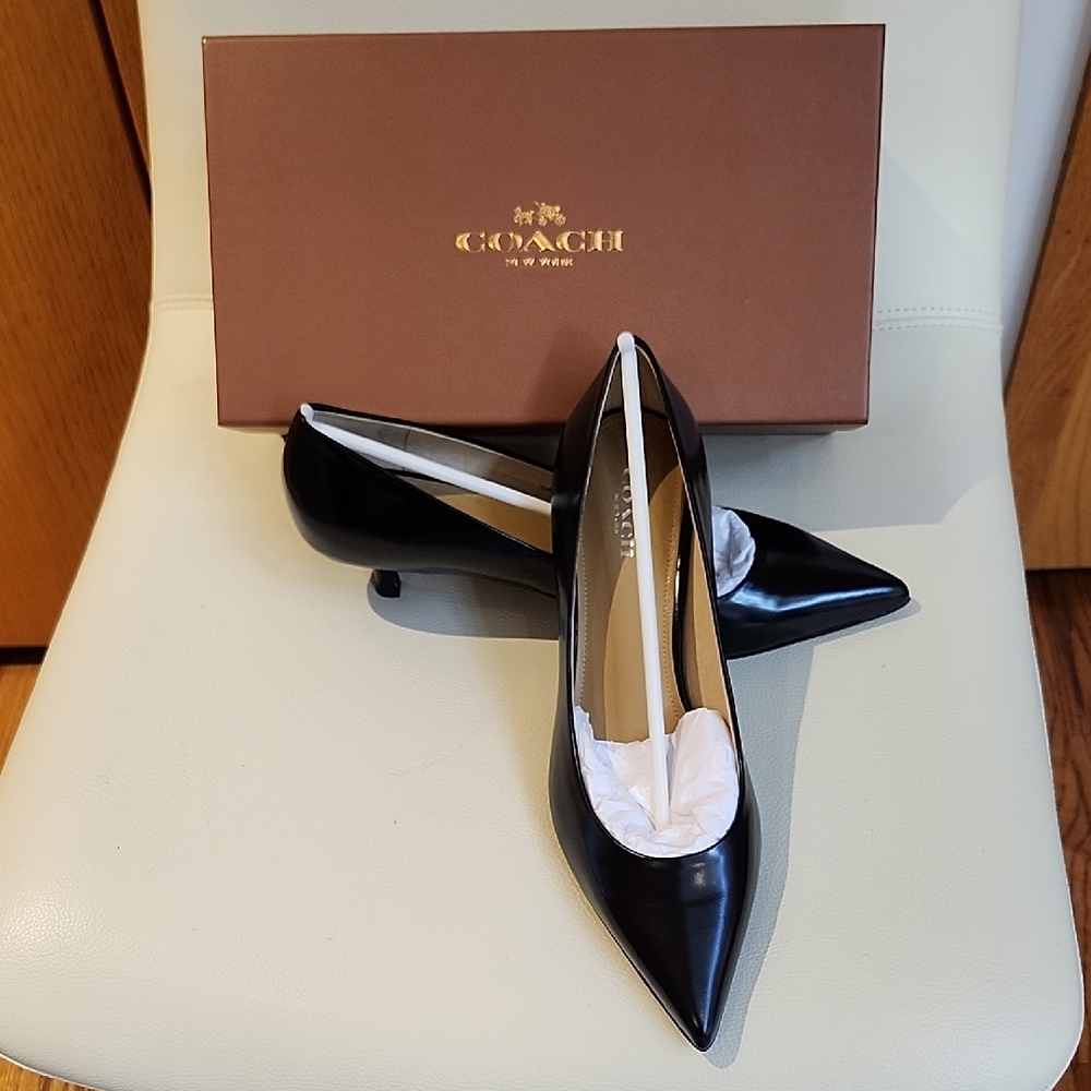 Coach Black Patent Pointed-Toe Kitten Heel Pumps